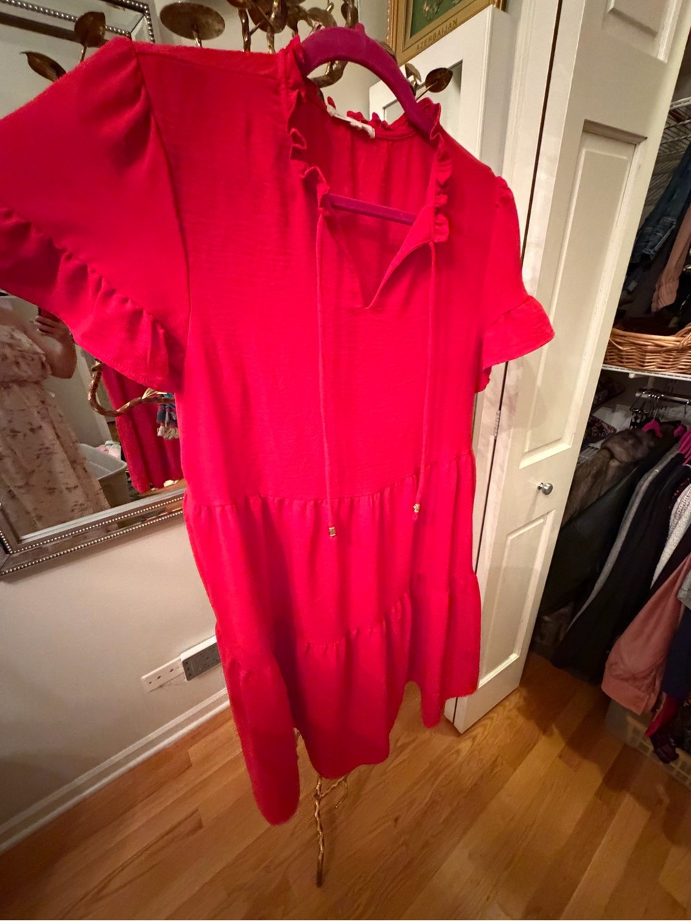 Bright Red Ruffle-Tier Mini Dress with Tie Neck